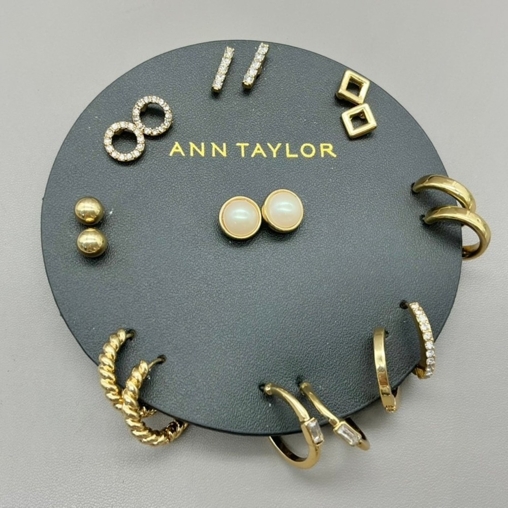 Ann Taylor Earring Set Women Gold Tone Hoop Stud Rhinestone Faux Pearl 9 Pairs